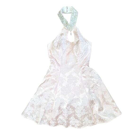 Jump Apparel Co. Vintage Prom Dress Pink Floral Applique Pearl Sequin 90s Halter - Picture 1 of 5